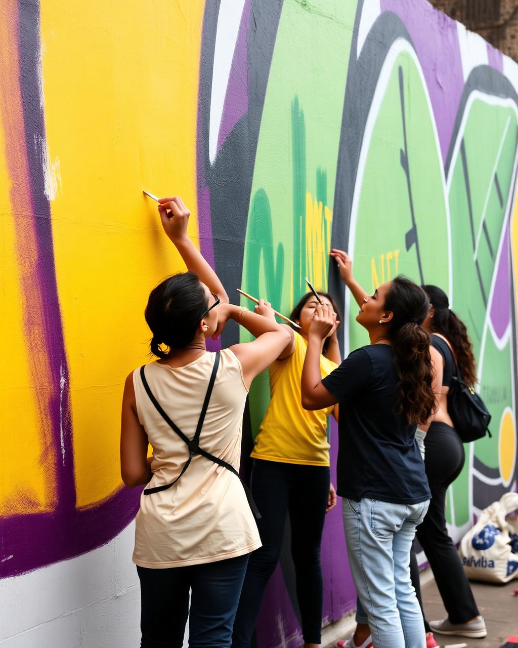 Jóvenes artistas pintando mural